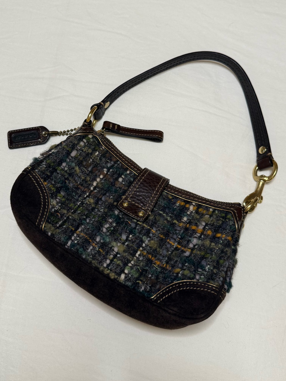 Vintage Coach Tweed Shoulder Bag with Dark Brown Leather Trim - Picture 6 of 8